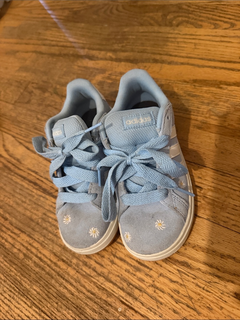adidas Kids Light Blue Suede Sneakers with Daisy Embroidery